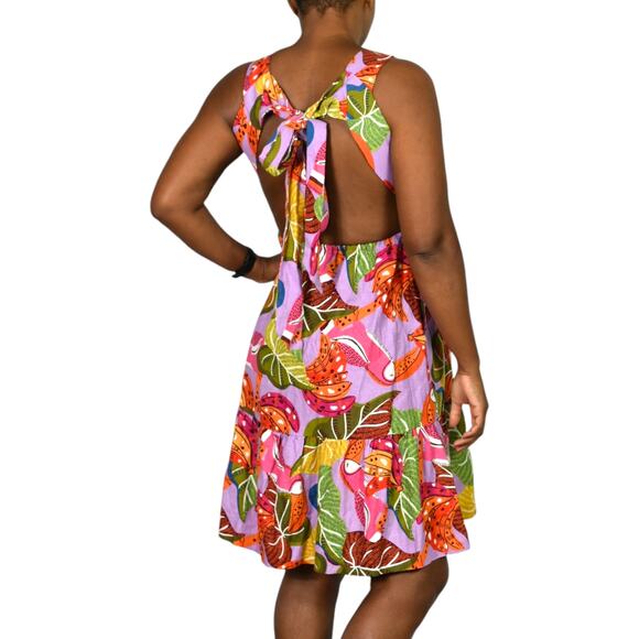 House of Harlow Tropical Print Linen Dress Purple Toucan Open Back Halter XS - Picture 2 of 15